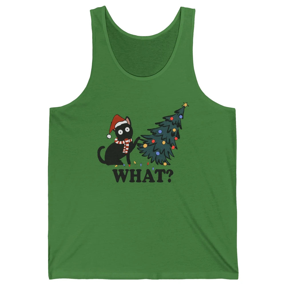 Funny Black Cat Pushing Christmas Tree What? Christmas Cat Unisex Jersey Tank