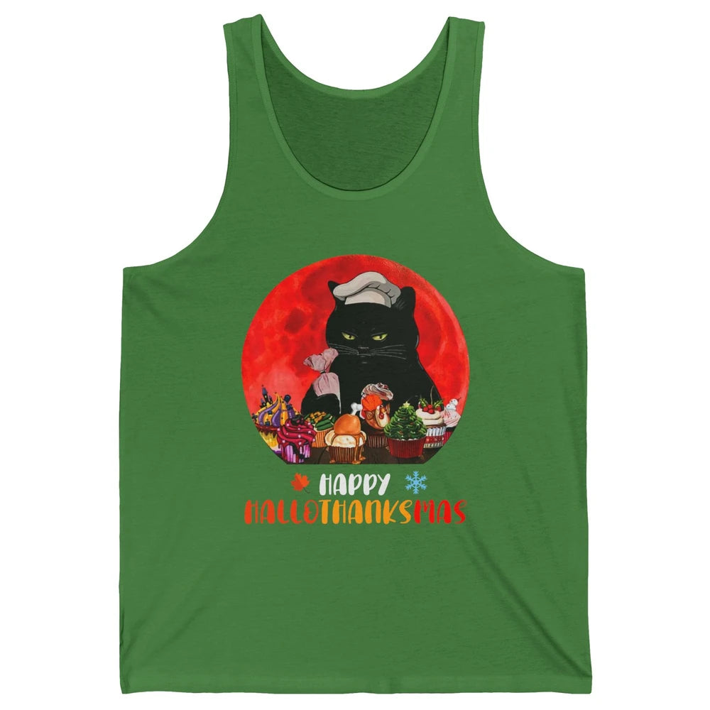 Black Cat Happy Hallothanksmas Baker Cat Halloween Christmas Unisex Jersey Tank