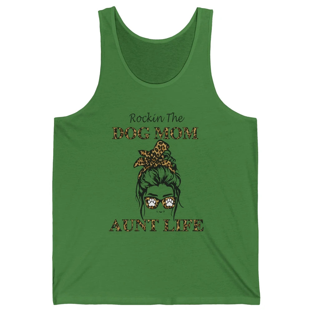 Rockin the Dog Mom Aunt Life Messy Bun Mom Leopard Bandana Unisex Jersey Tank