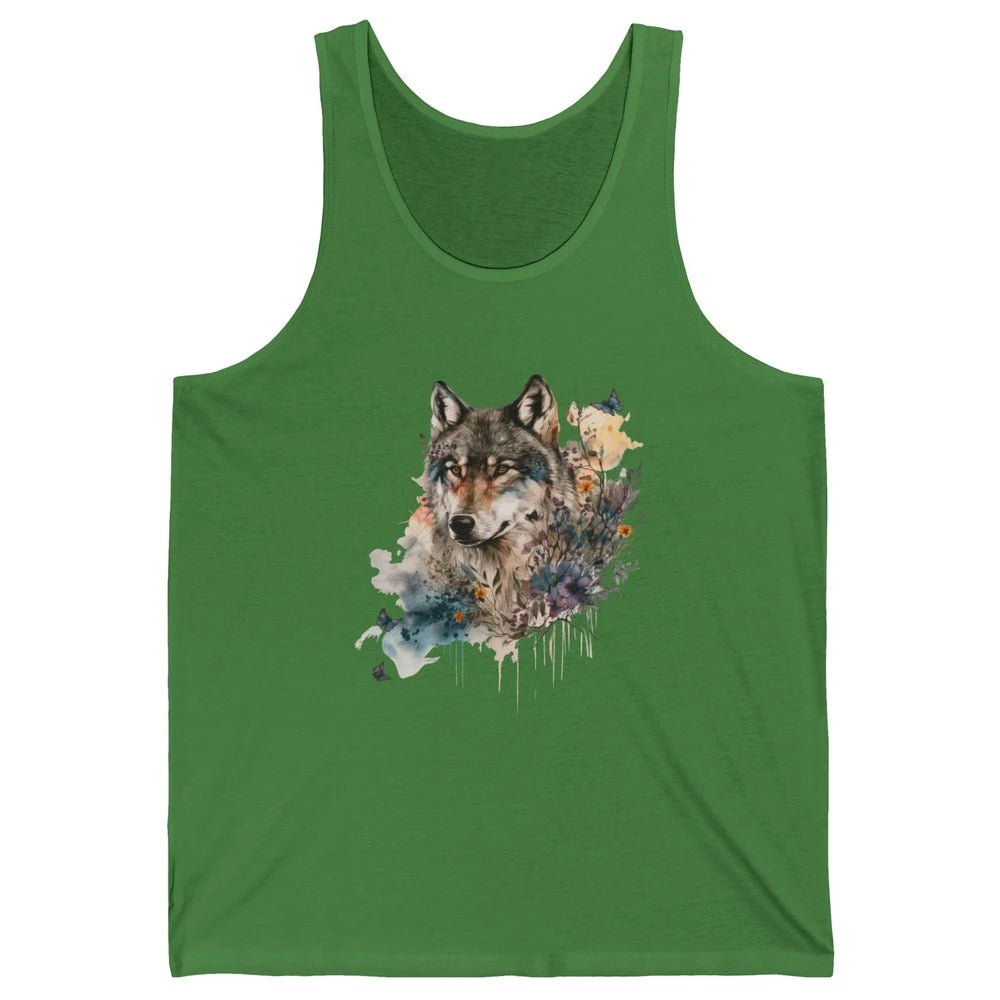 Watercolor Wolf Face Howl Butterfly Wolves Wild Animal Retro Unisex Jersey Tank