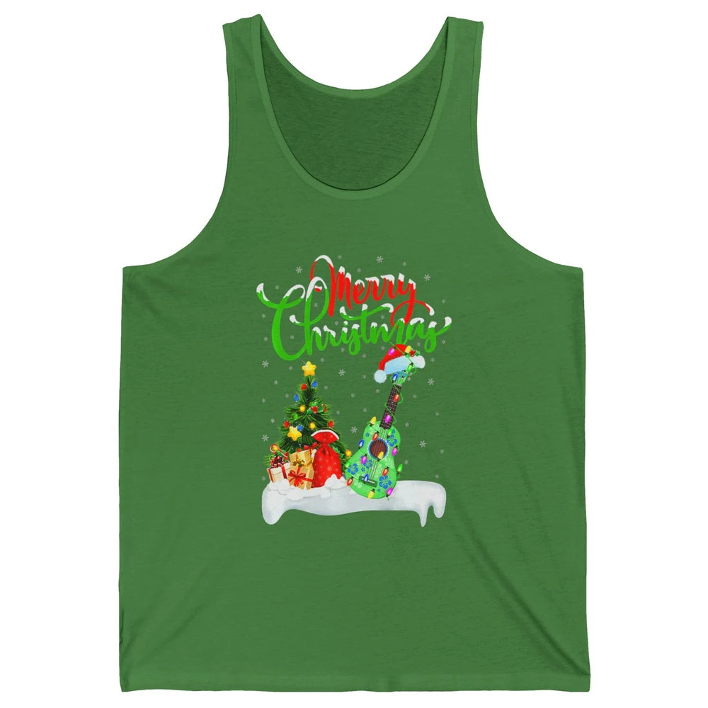 Merry Christmas Funny Ukulele Xmas Lights Santa Hat Music Unisex Jersey Tank