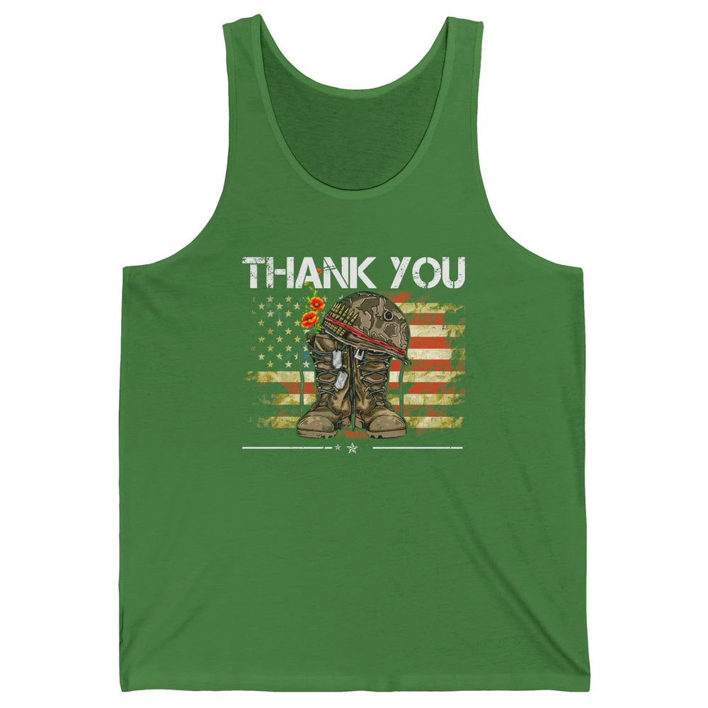 Vintage Veteran US Flag Thank You Military Boot Memorial Day Unisex Jersey Tank