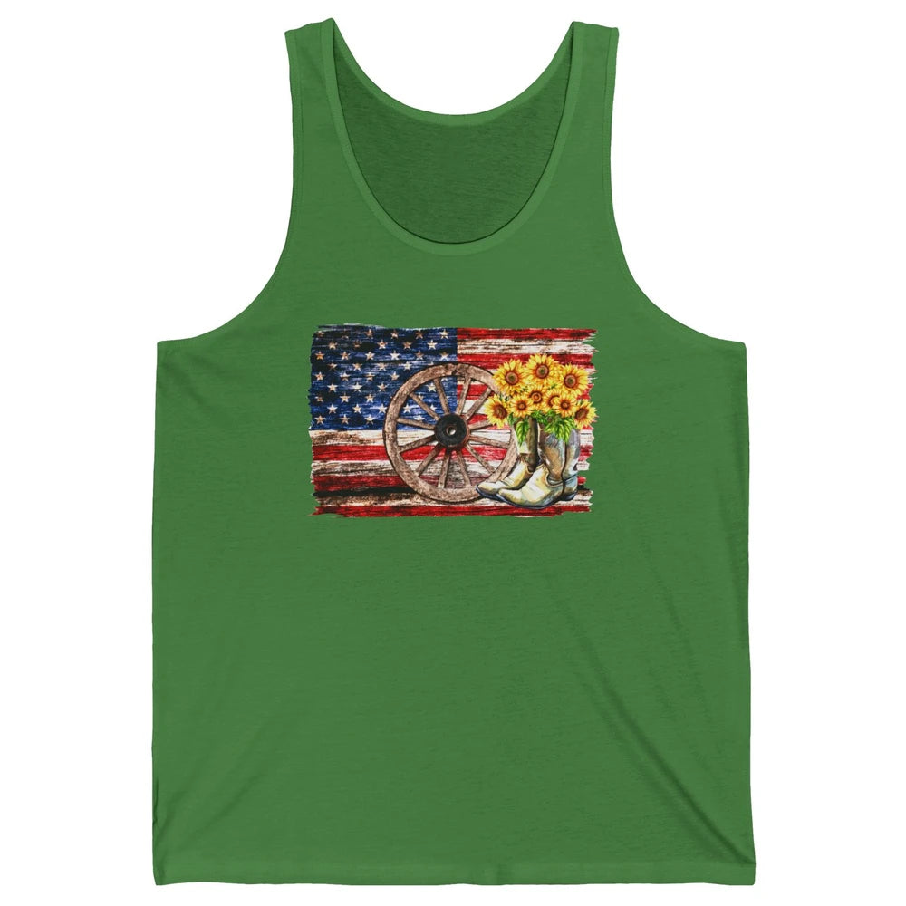 Retro US Flag Sunflower Cowgirl Boots Texas Cowboy Western Unisex Jersey Tank