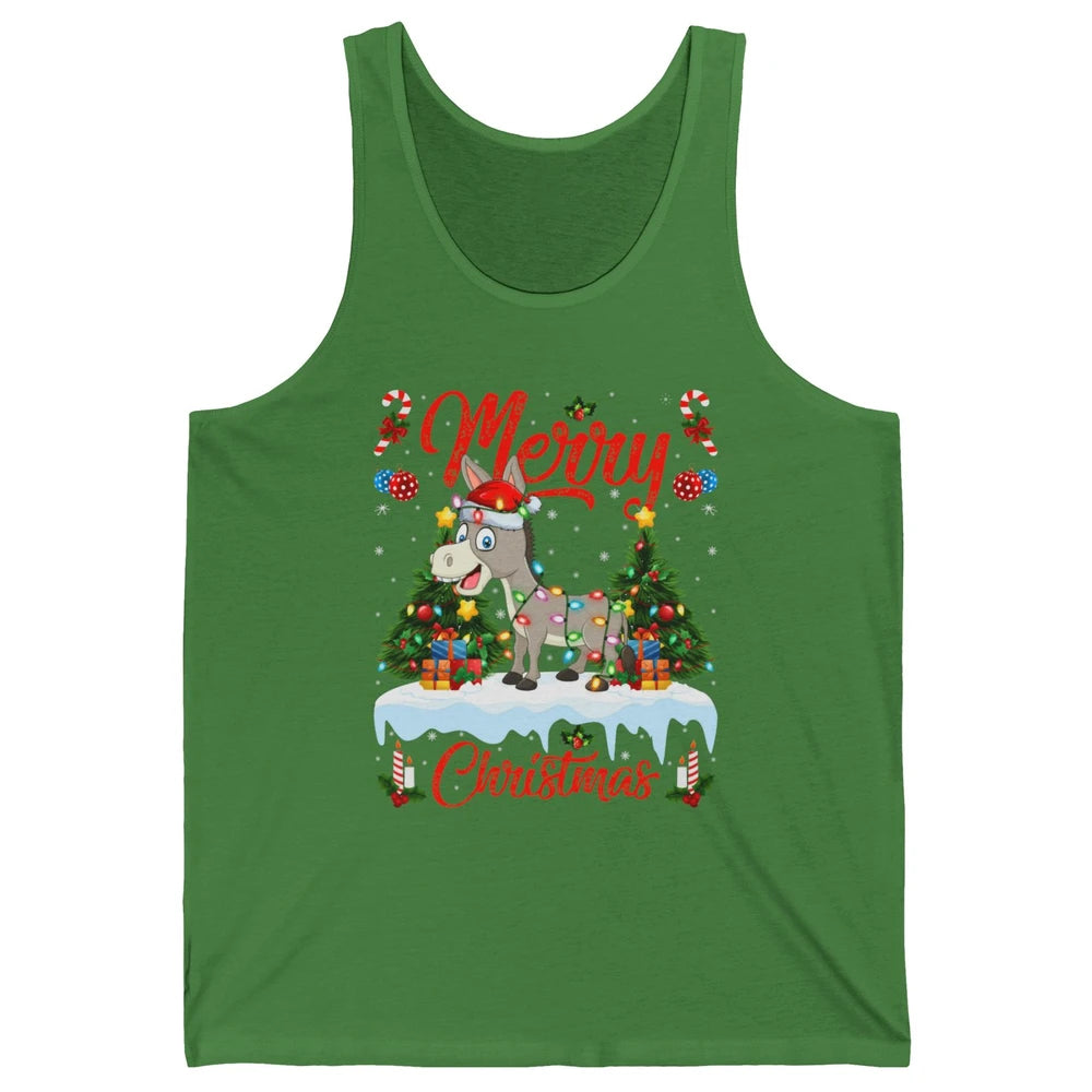 Merry Christmas Donkey Santa Claus Hat Xmas Tree Lights Snow Unisex Jersey Tank