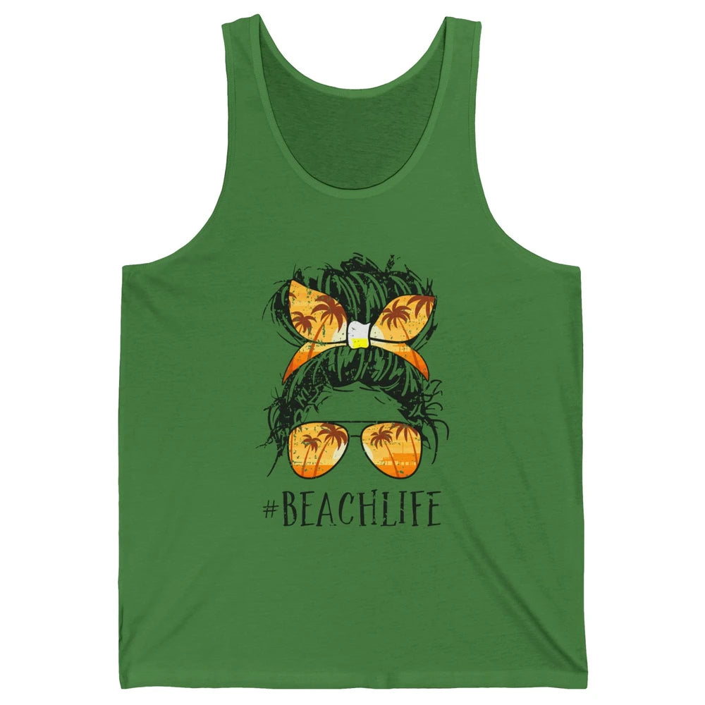 Beach Life Messy Bun Hair Retro Vintage Beach Palms Summer Unisex Jersey Tank