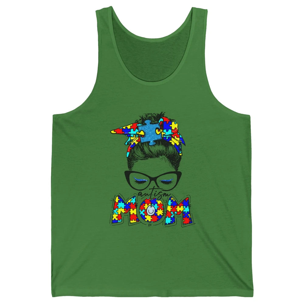 Autism Mom Messy Bun Bandana Puzzle Autism Awareness Month Unisex Jersey Tank