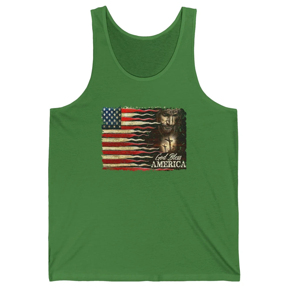 Retro US Flag Jesus Cross God Bless America Patriot July 4th Unisex Jersey Tank