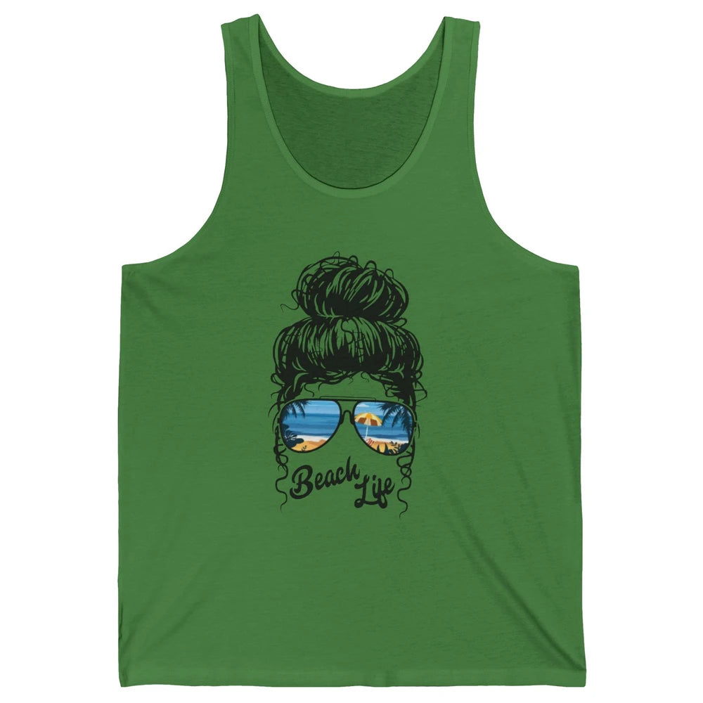 Beach Life Messy Bun Hawaiian Hair Retro Beach Palms Summer Unisex Jersey Tank