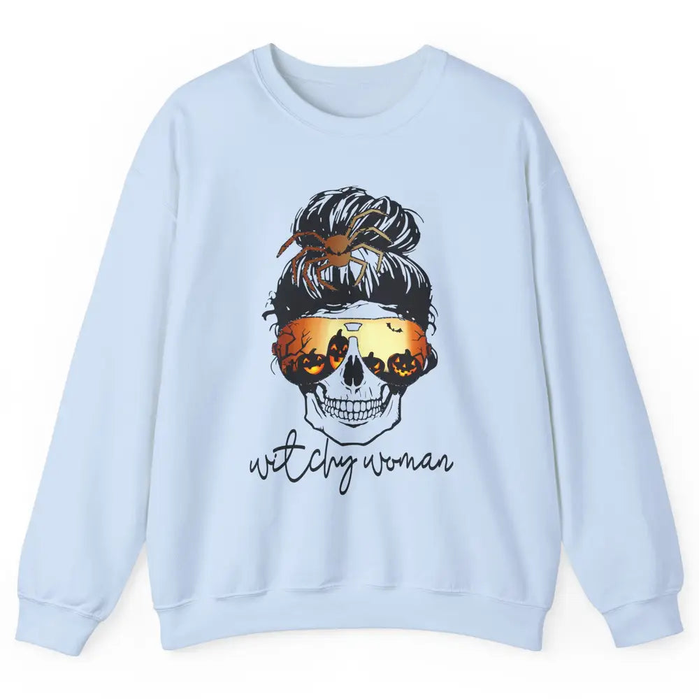 Witchy Woman Messy Bun Hair Skull Halloween Pumpkin Costume Unisex Crewneck Sweatshirt