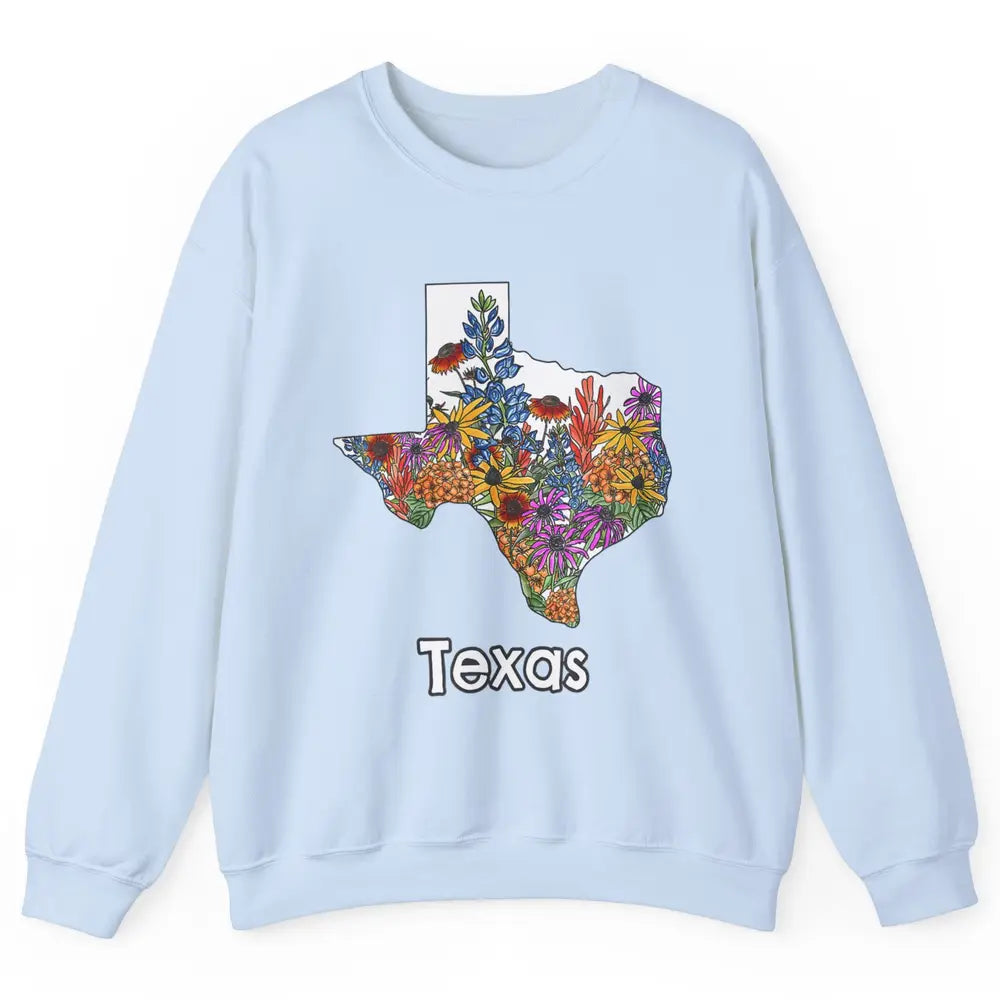 Texas Map Pride Wildflower Western Country Bluebonnet Flower Unisex Crewneck Sweatshirt