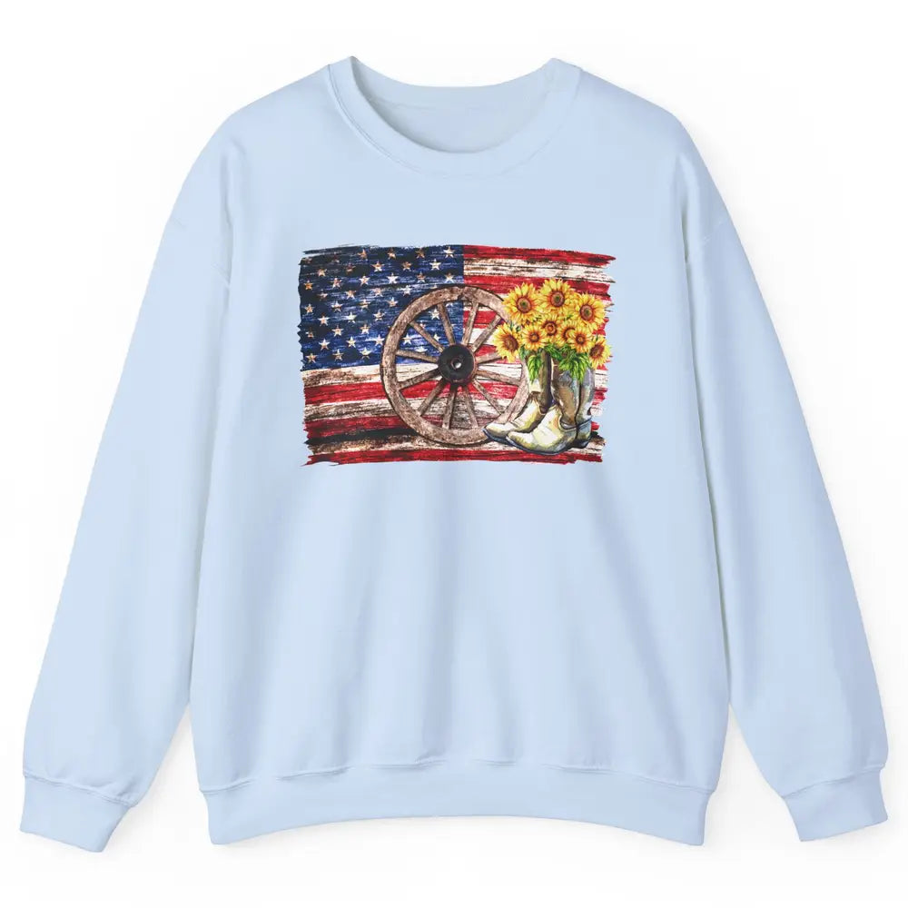 Retro US Flag Sunflower Cowgirl Boots Texas Cowboy Western Unisex Crewneck Sweatshirt