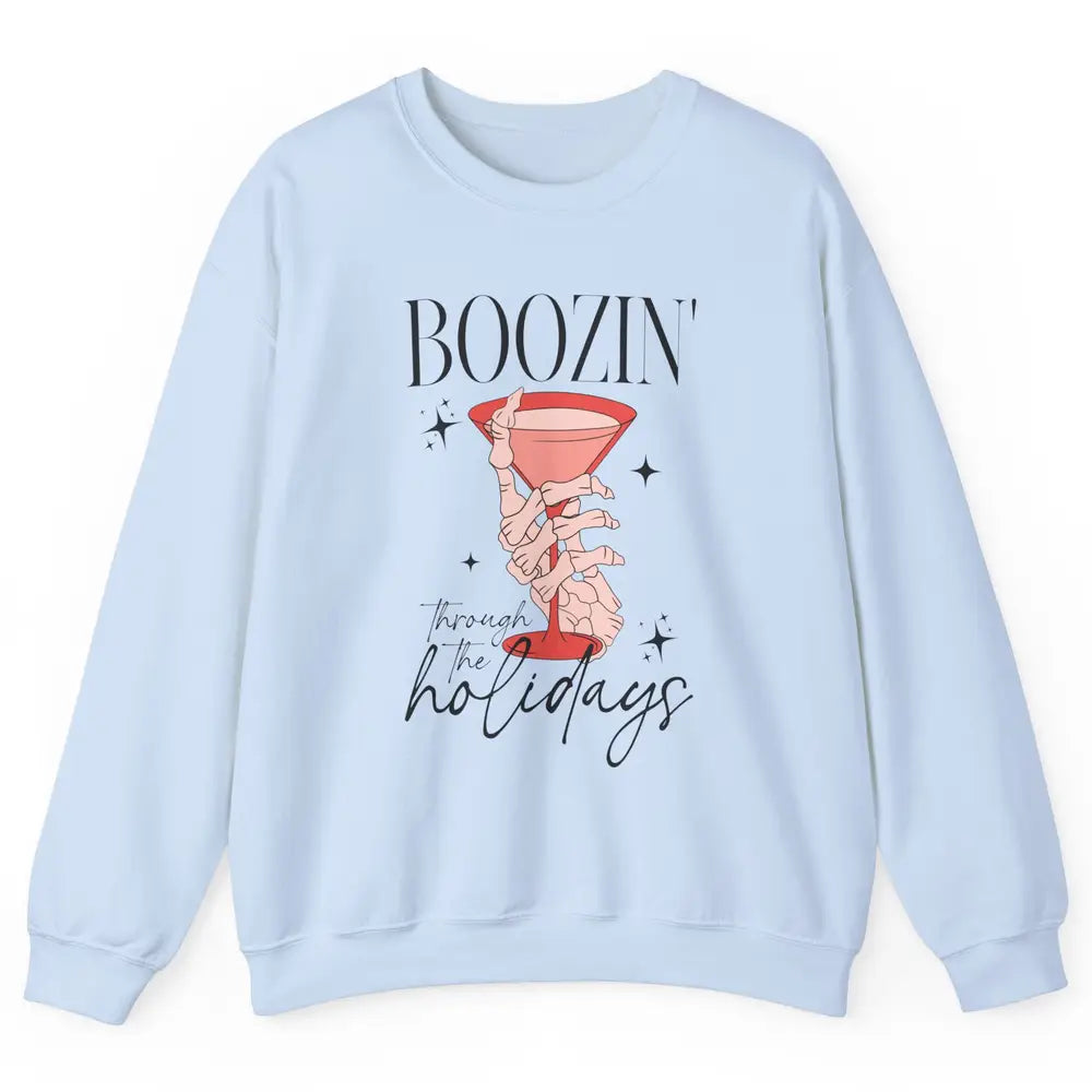 Boozin’ Through The Holidays Christmas Drinking Wine Glass Unisex Crewneck Sweatshirt