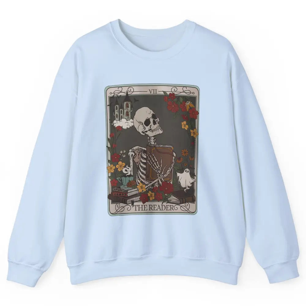 Retro Skeleton Reading Books The Reader Tarot Card Halloween Unisex Crewneck Sweatshirt