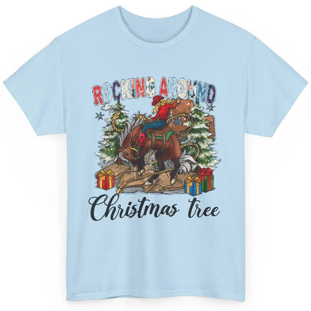 Funny Cowgirl Horsing Rocking Around Christmas Tree Western Classic Unisex T-Shirt