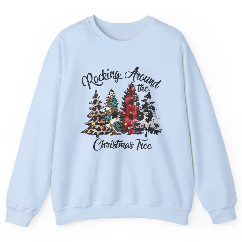 Leopard Christmas Tree Rocking Around Christmas Tree Western Unisex Crewneck Sweatshirt