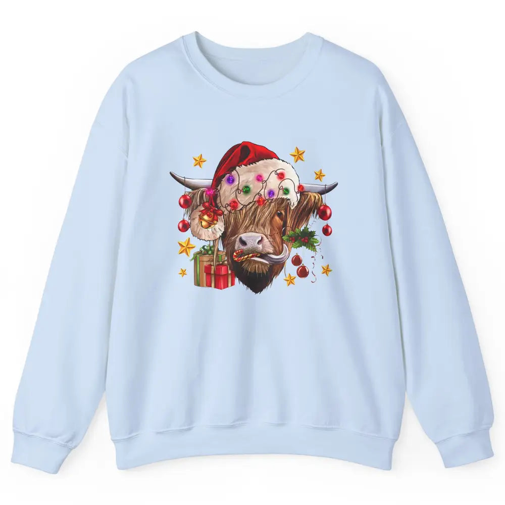 Highland Cow Joy Santa Hat Christmas Ornament Western Farm Unisex Crewneck Sweatshirt