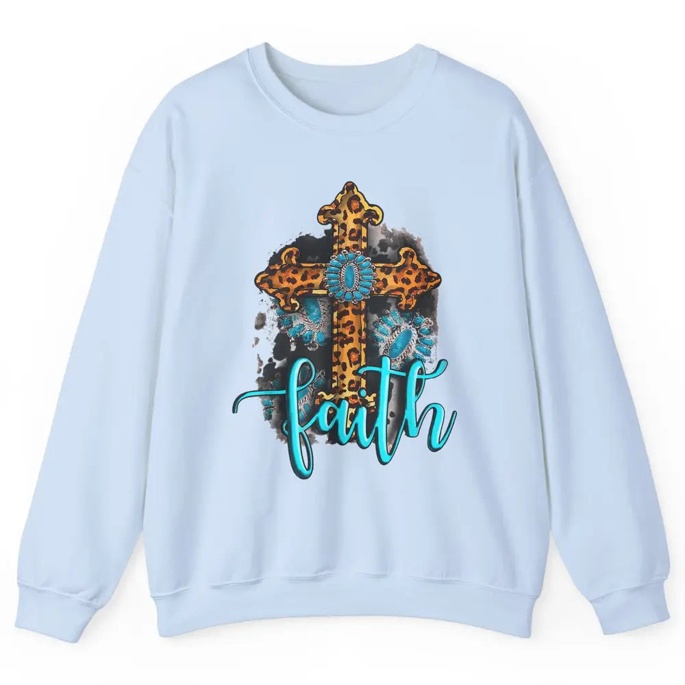 Western Gemstone Leopard Turquoise Cross Faith Jesus God Unisex Crewneck Sweatshirt