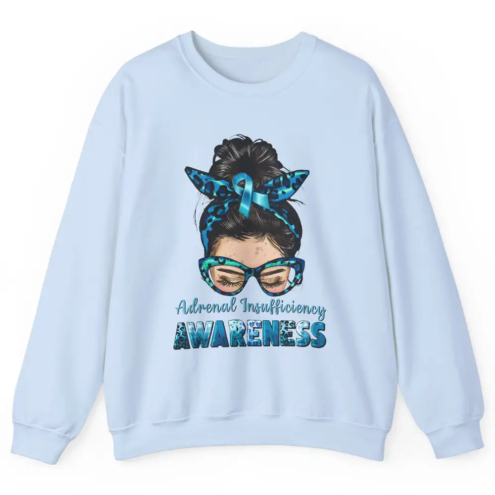 Adrenal Insufficiency Awareness Messy Bun Mom Blue Ribbon Unisex Crewneck Sweatshirt