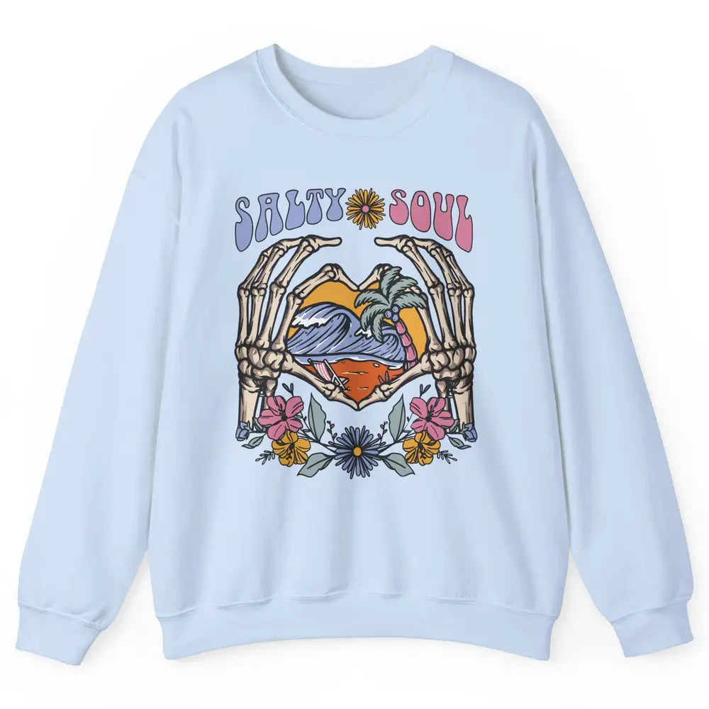 Retro Salty Beach Soul Floral Wave Skeleton Summer Vibes 70s Unisex Crewneck Sweatshirt