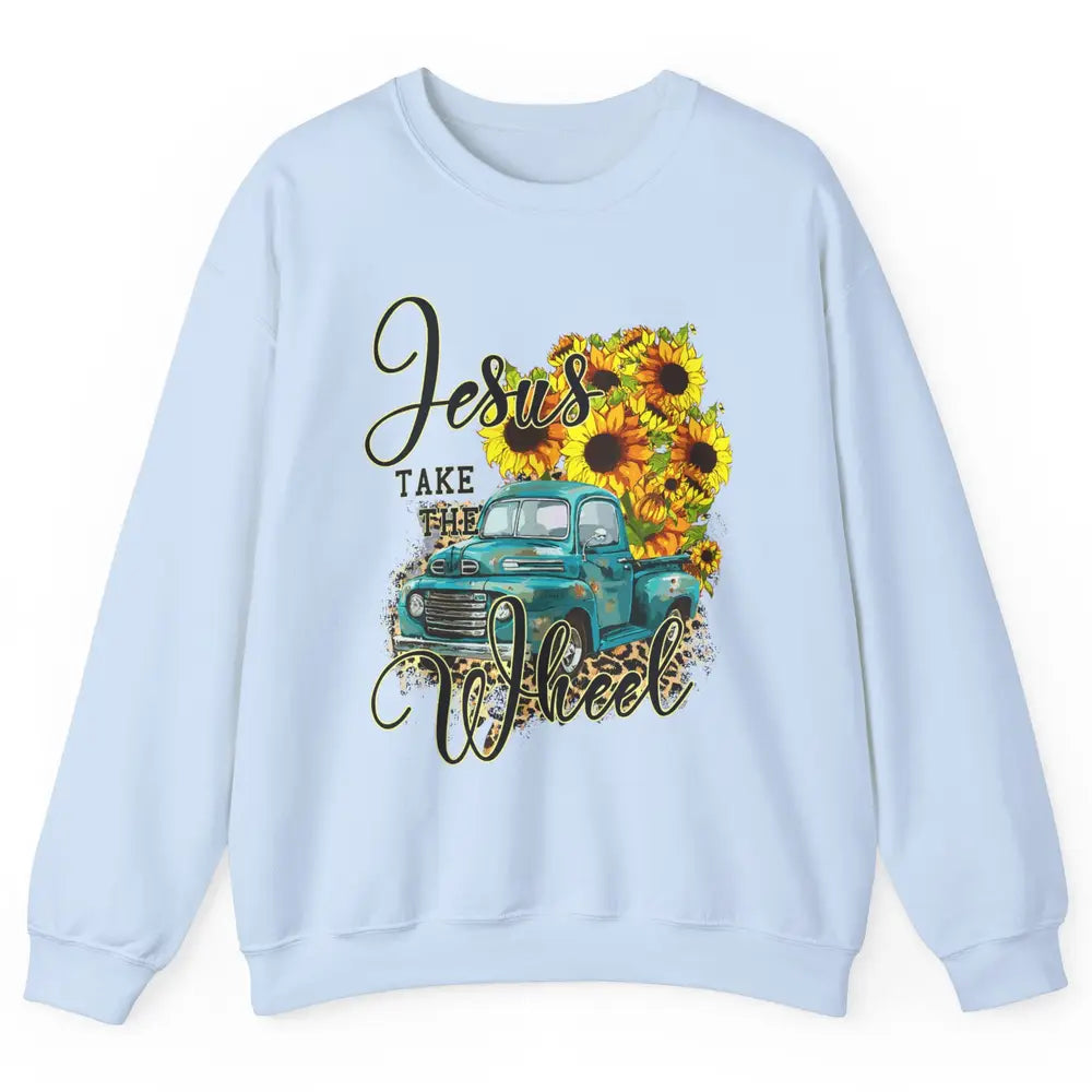 Sunflower Jesus Take The Wheel Christian Leopard God Bible Unisex Crewneck Sweatshirt