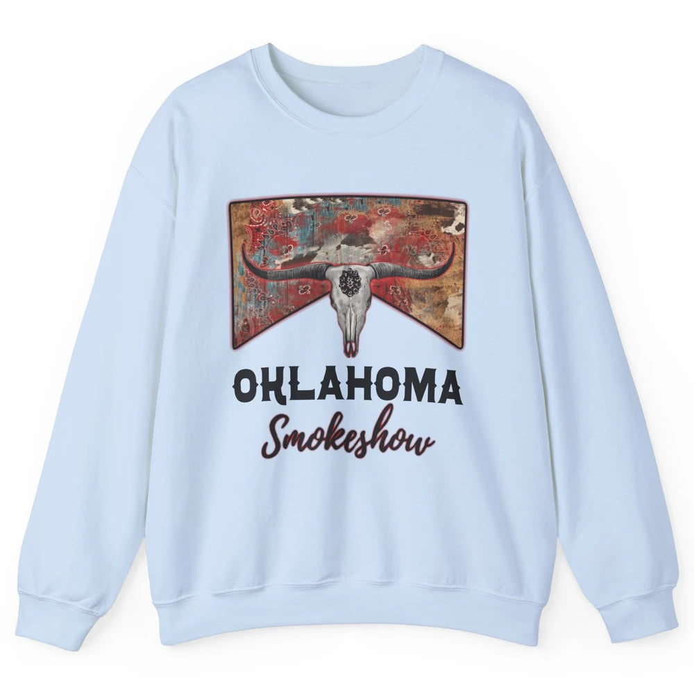 Boho Bull Skull Cow Print Oklahoma Smokeshow Western Country Unisex Crewneck Sweatshirt