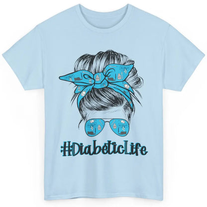 Diabetic Life Mom Messy Bun Blue Ribbon Diabetes Awareness Classic Unisex T-Shirt