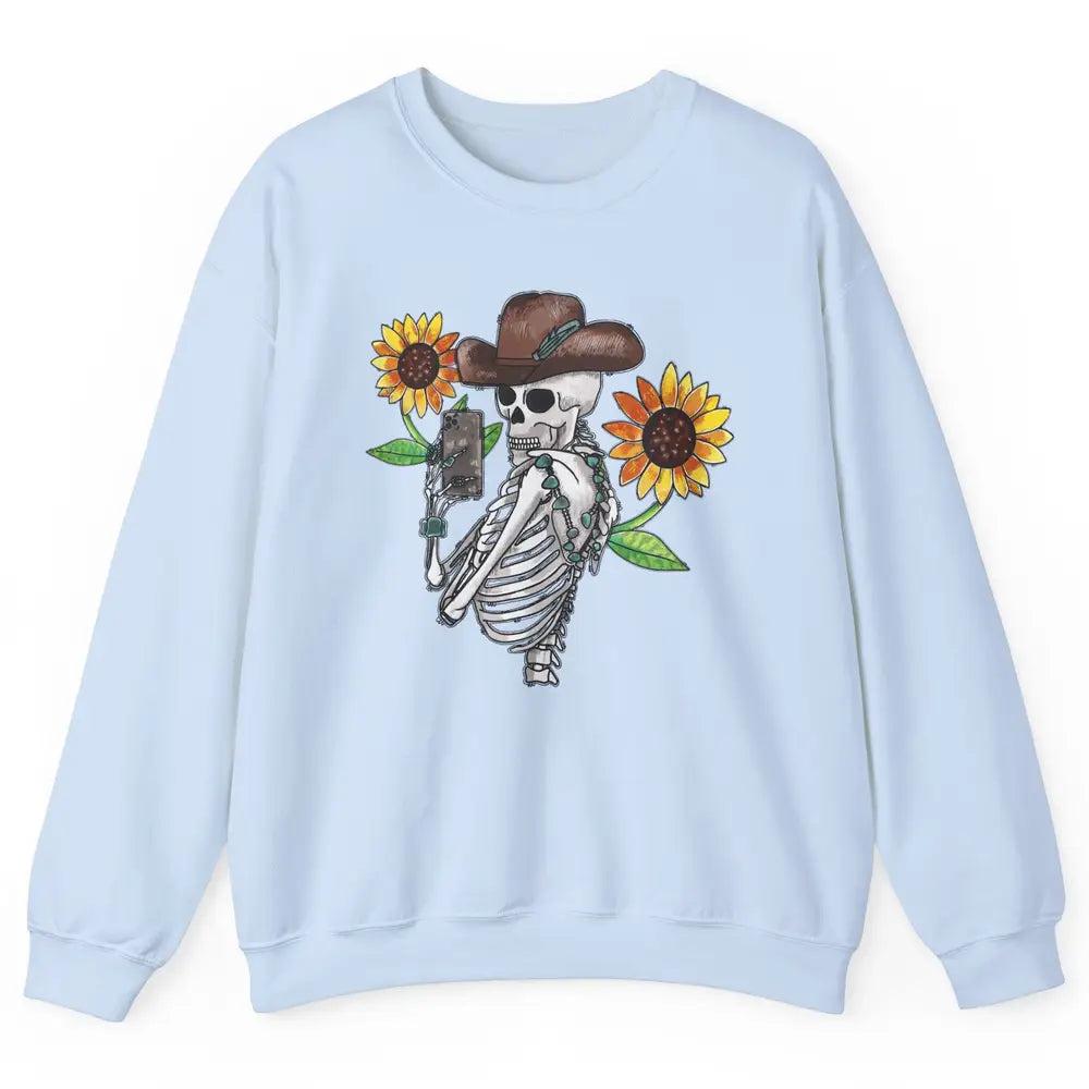 Western Cowboy Hat Skeleton Sunflower Funny Skeleton Selfie Unisex Crewneck Sweatshirt