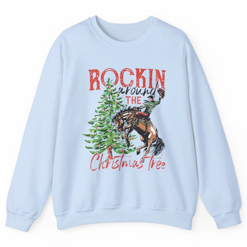 Funny Cowboy Horsing Rocking Around Christmas Tree Western Unisex Crewneck Sweatshirt