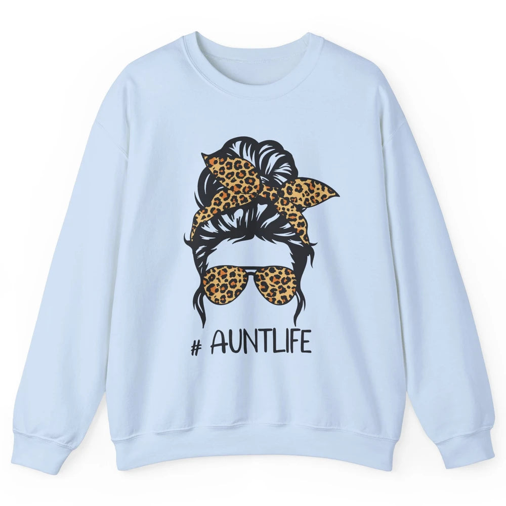 Aunt Life Messy Bun Hair Leopard Sunglasses Bandana Auntie Unisex Crewneck Sweatshirt