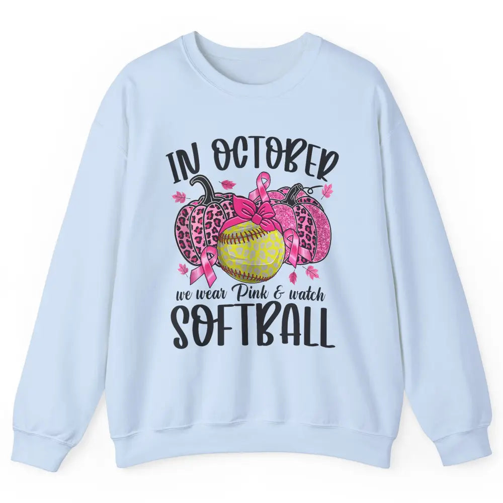 Softball Leopard Pumpkin In October Breast Cancer Awareness Unisex Crewneck Sweatshirt