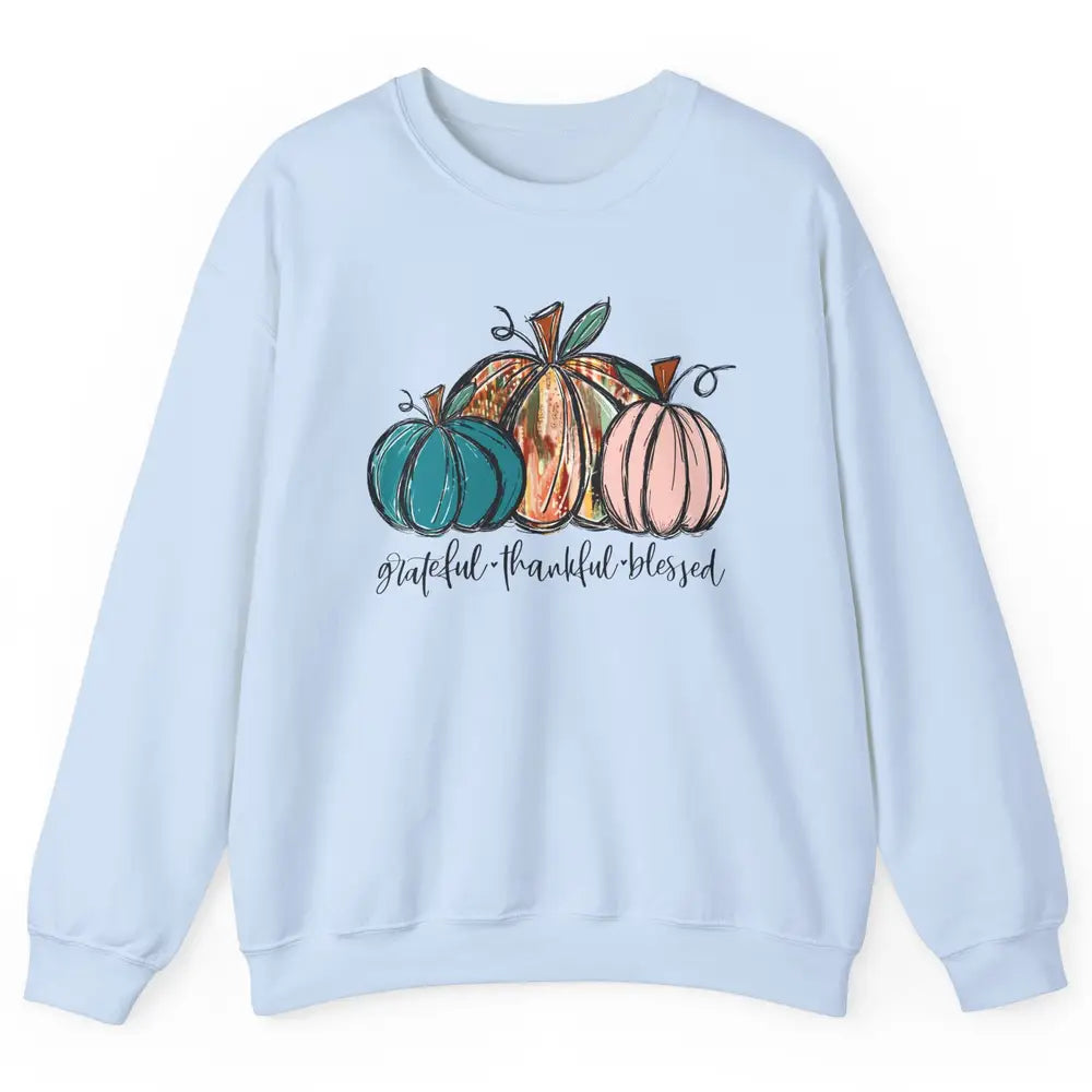 Grateful Thankful Blessed Doodle Pumpkin Fall Thanksgiving Unisex Crewneck Sweatshirt