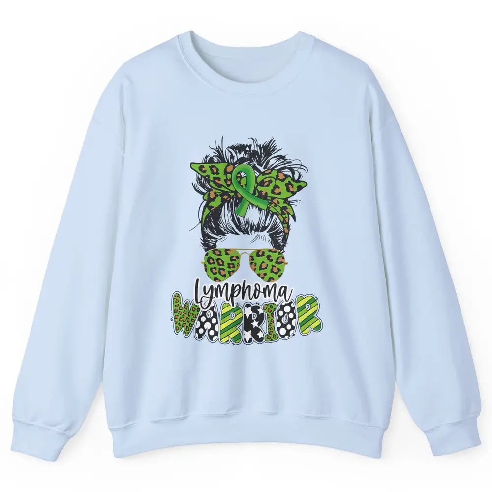 Warrior Fight Lymphoma Cancer Green Leopard Ribbon Messy Bun Unisex Crewneck Sweatshirt