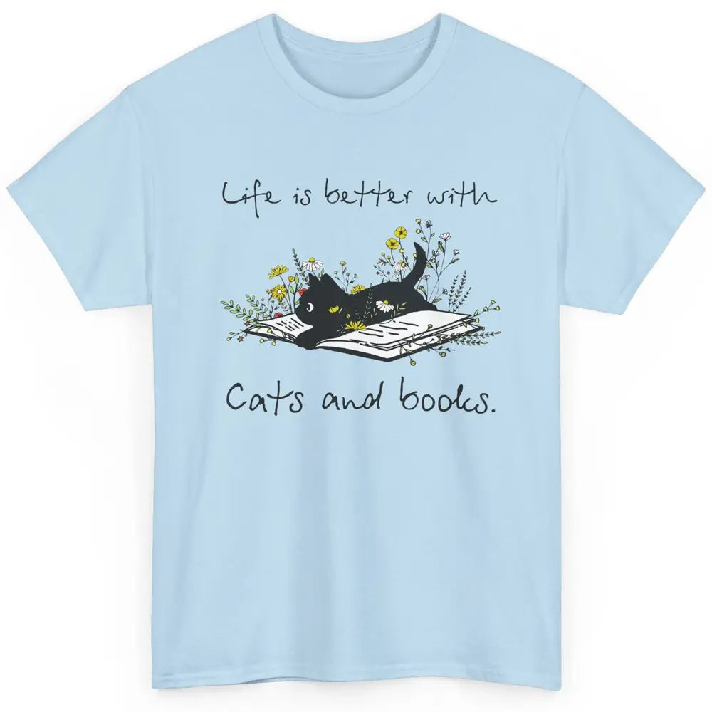 Funny Black Cat And Floral Book Cute Kitten Minimal Flowers Classic Unisex T-Shirt