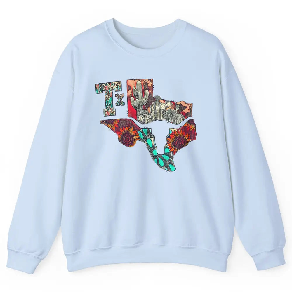 Texas Map Boho Texas State Leopard Western Desert Cactus Unisex Crewneck Sweatshirt