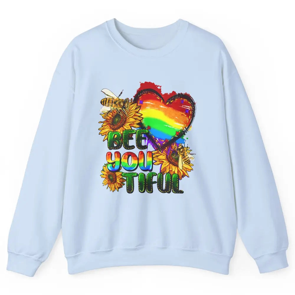 Bee You Tiful Pride Heart Rainbow Sunflower LGBT Pride Month Unisex Crewneck Sweatshirt