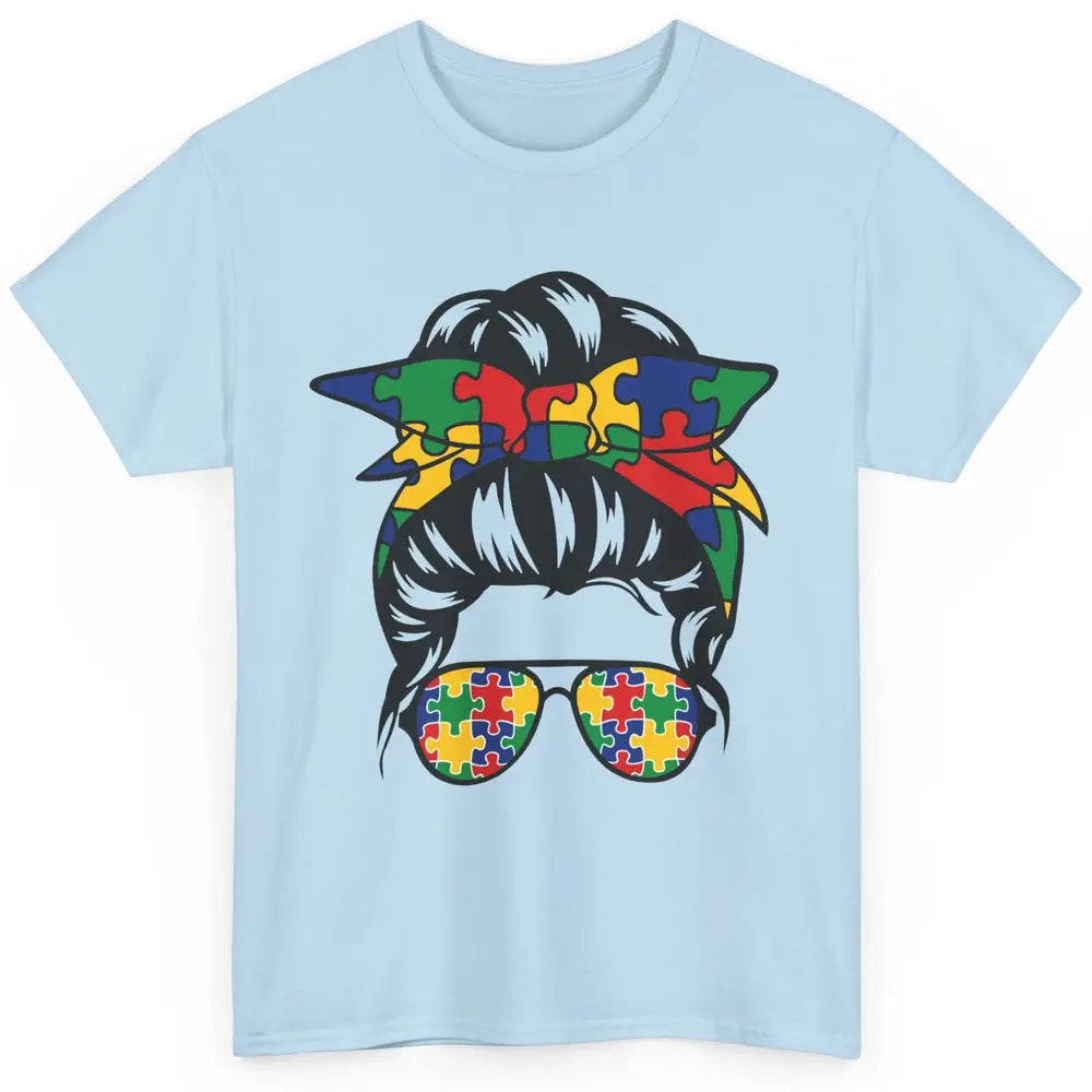 Autism Mom With Bandana Puzzle Autism Ribbon Support Autism Classic Unisex T-Shirt