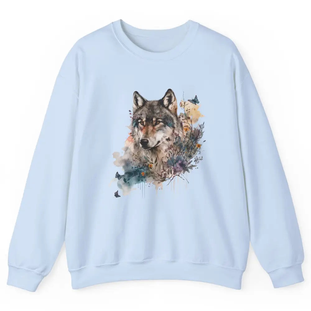 Watercolor Wolf Face Howl Butterfly Wolves Wild Animal Retro Unisex Crewneck Sweatshirt