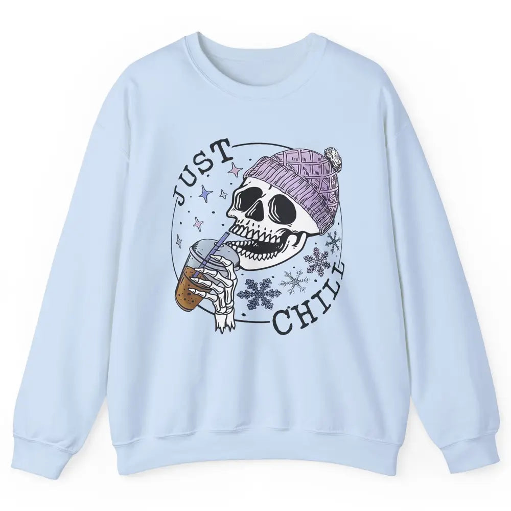 Funny Skeleton Coffee Just Relax Snowflakes Christmas Unisex Crewneck Sweatshirt