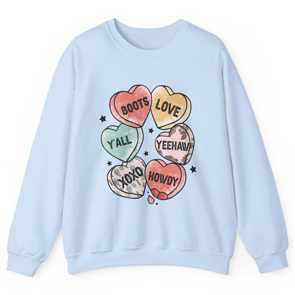 XOXO Love Cowboy Boots Howdy Cowgirl Hearts Western Country Happy Valentine's Day Yeehaw Vintage Cactus Unisex Crewneck Sweatshirt