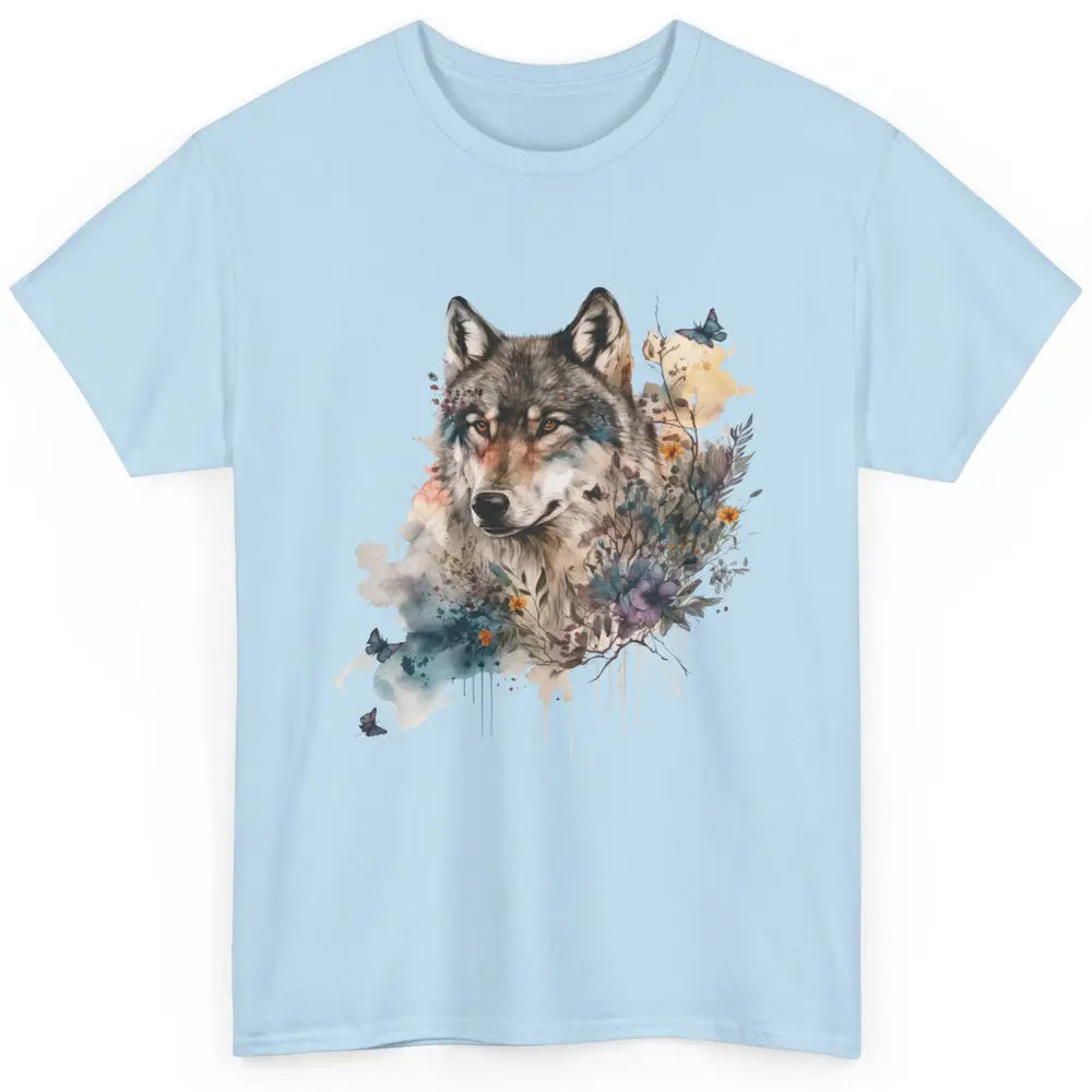 Watercolor Wolf Face Howl Butterfly Wolves Wild Animal Retro Classic Unisex T-Shirt