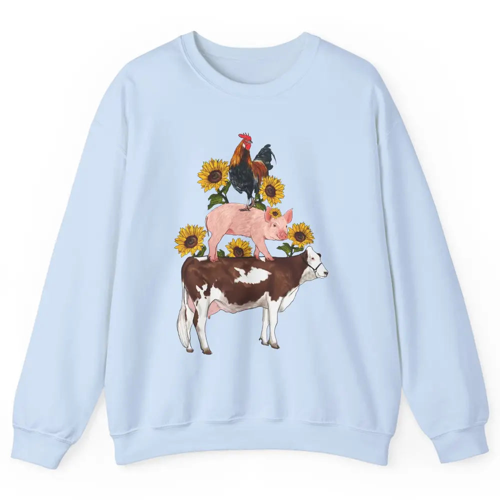 Sunflower Western Farm Life Animals Vegan Cow Pig Rooster Unisex Crewneck Sweatshirt