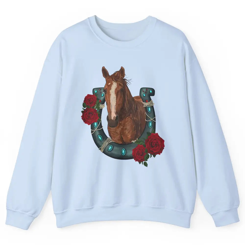 Western Country Texas Cowgirl Floral Horseshoe Horse Riding Unisex Crewneck Sweatshirt