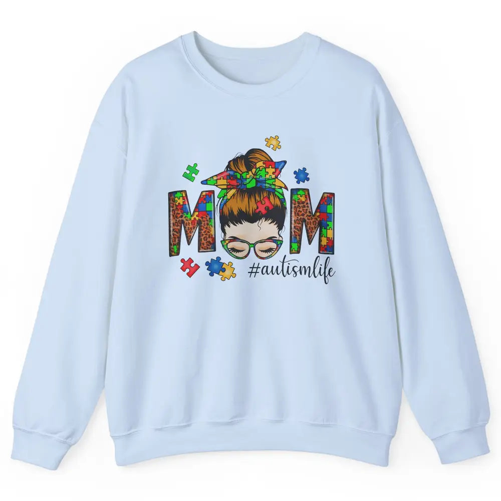 Autism Mom Messy Bun Hair Autism Leopard Puzzle Bandana Unisex Crewneck Sweatshirt