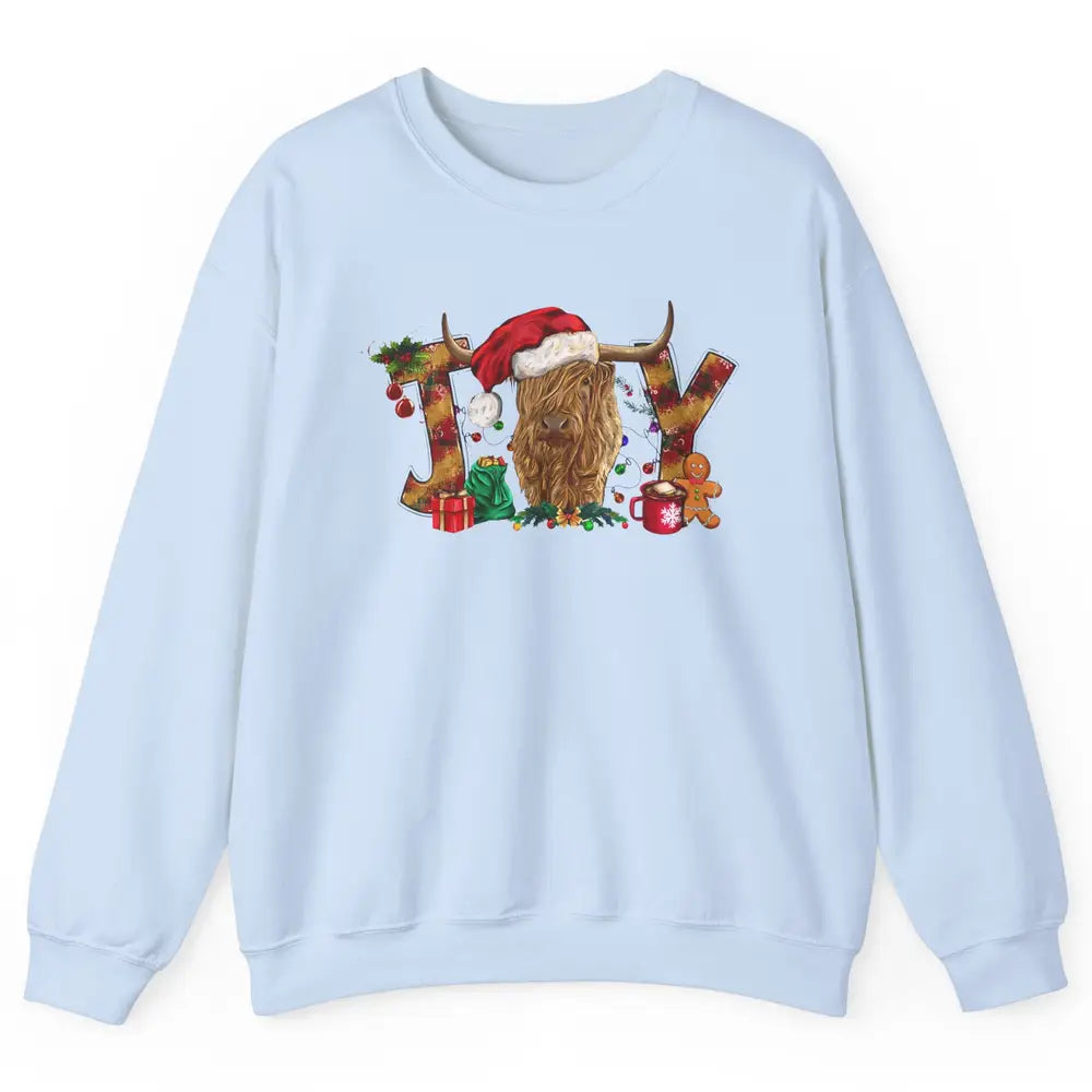 Highland Cow Joy Santa Hat Gingerbread Christmas Farm Gift Unisex Crewneck Sweatshirt