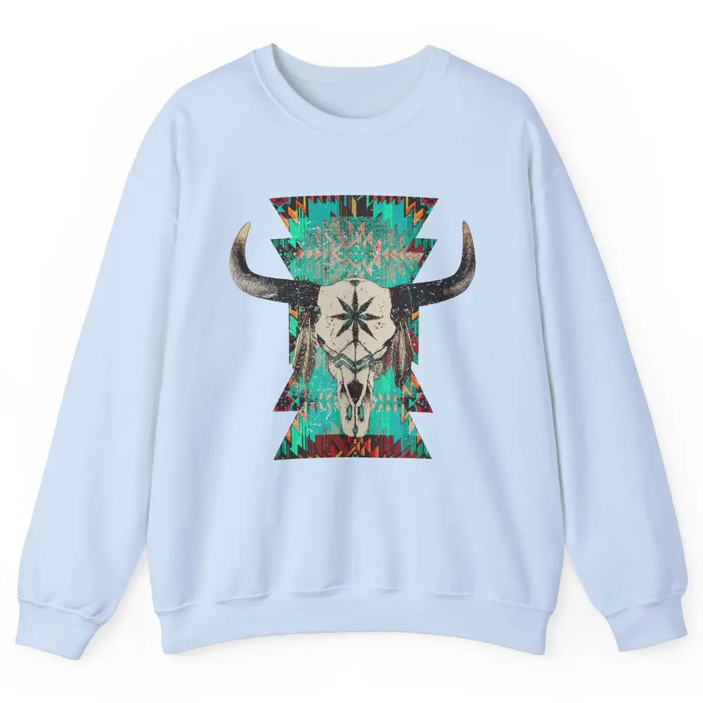 Boho Bull Skull Turquoise Aztec Western Country Rodeo Cowboy Unisex Crewneck Sweatshirt