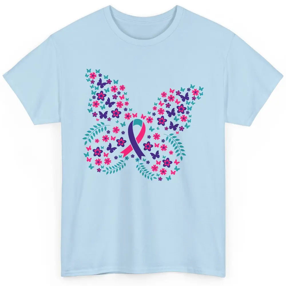 Floral Butterfly Teal Pink Warrior Thyroid Cancer Awareness Classic Unisex T-Shirt