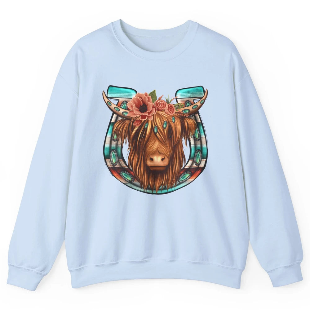 Floral Highland Cow Heifer Horseshoe Western Country Cowboy Unisex Crewneck Sweatshirt