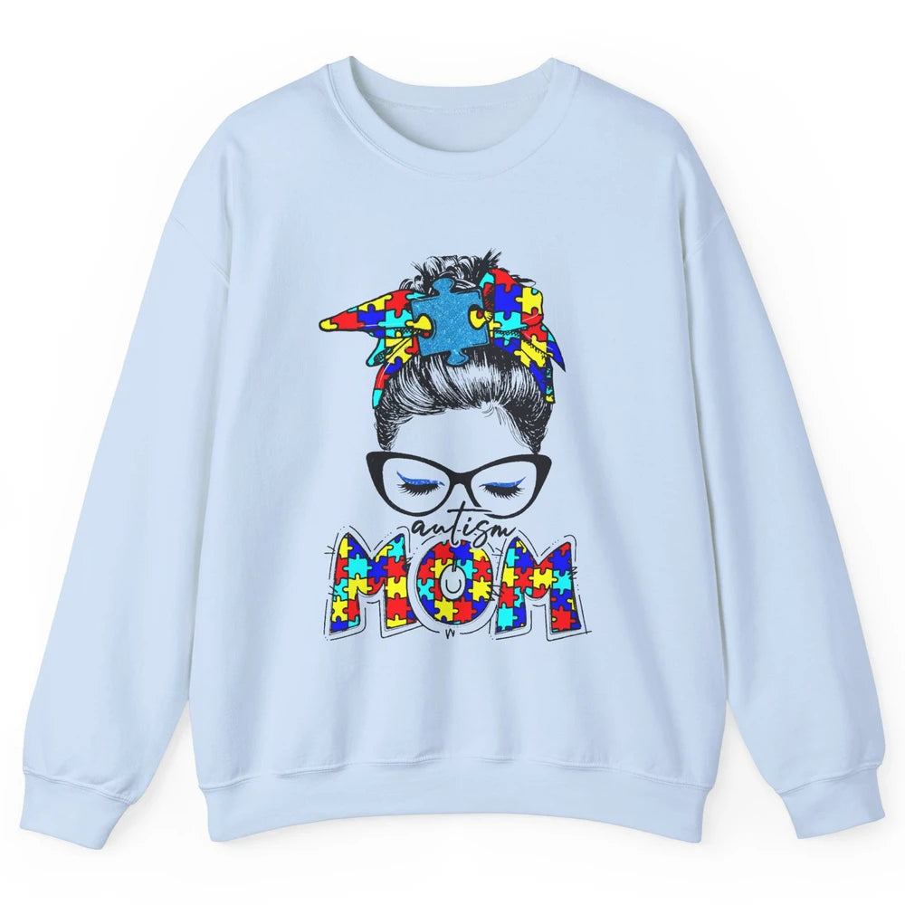 Autism Mom Messy Bun Bandana Puzzle Autism Awareness Month Unisex Crewneck Sweatshirt