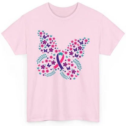 Floral Butterfly Teal Pink Warrior Thyroid Cancer Awareness Classic Unisex T-Shirt