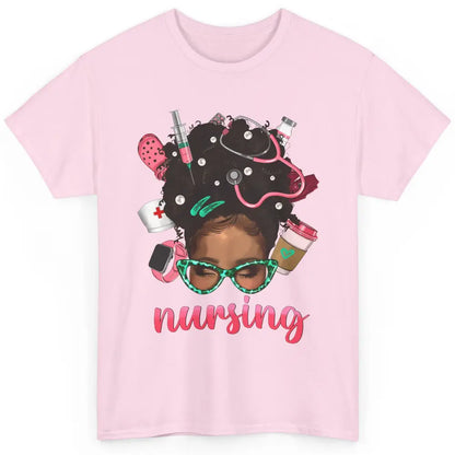 Afro Black Woman Nurse Life Nursing Therapist Messy Hair Bun Classic Unisex T-Shirt